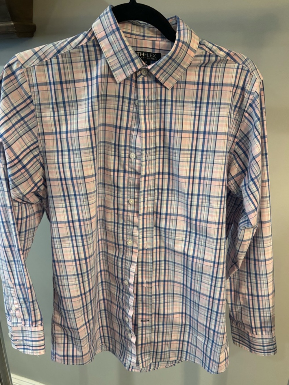 Tommy Hilfiger TH Flex Pink and Blue Plaid Button-Down Shirt size 18